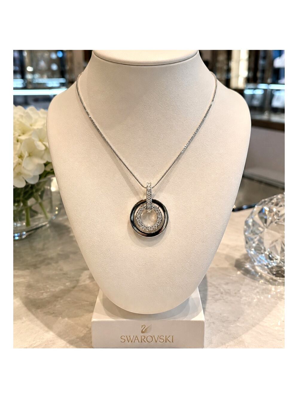 Swarovski Silver Crystal Concentric Circles Pendant Snake Chain Necklace 14"